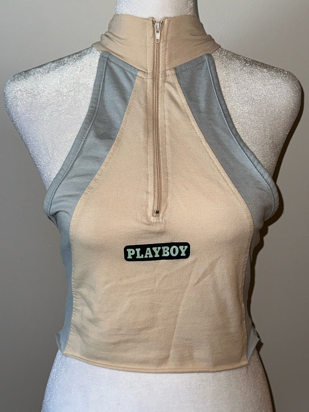 PLAYBOY Sport Halter Zip-Front Essential Chic Stylish Crop Top